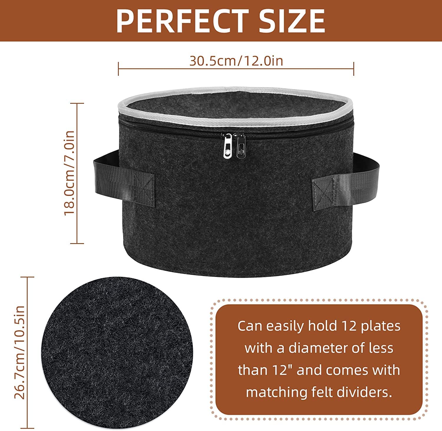 Greensheep Plate Storage Case With 12 Thick Felt Dividers For Storing And Organizing Dinnerware Dishes, Dark Grey